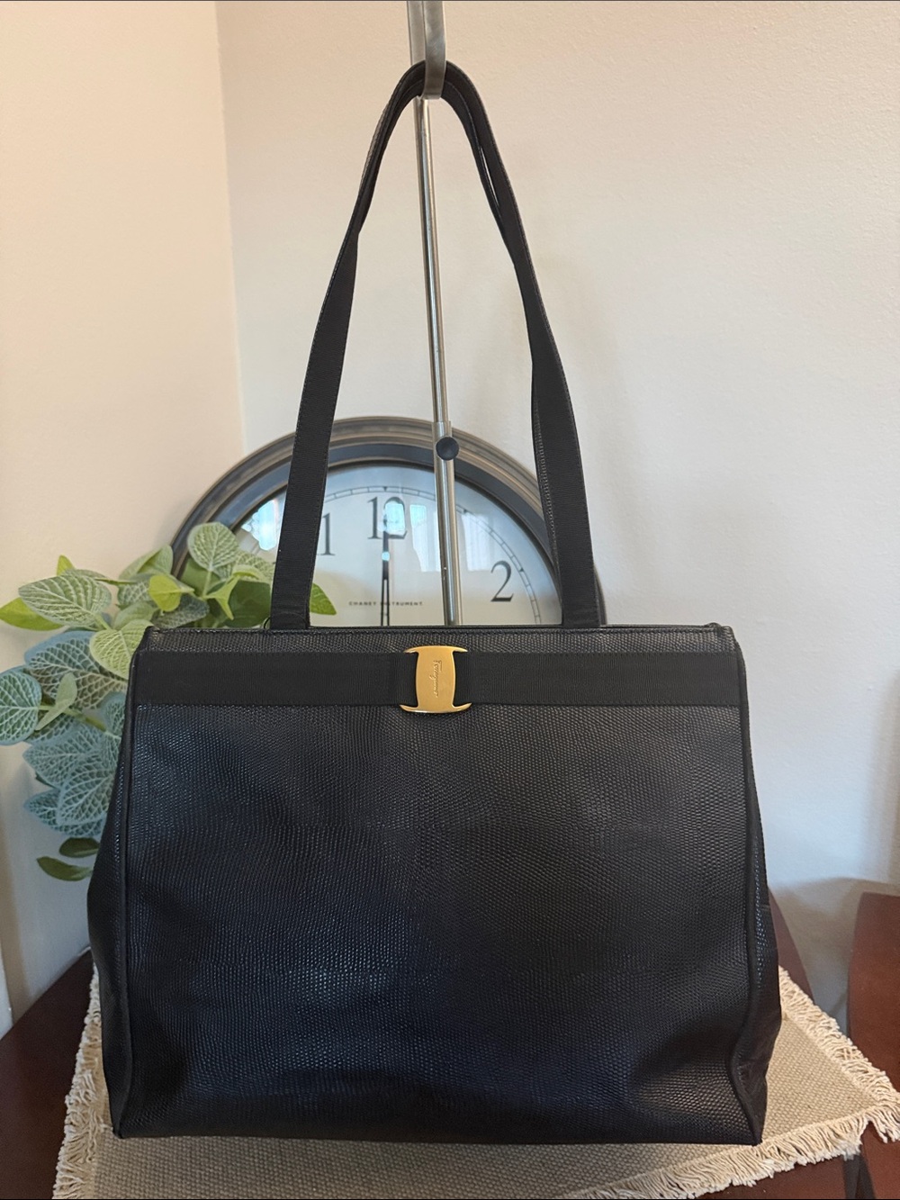 Salvadore Ferragamo Black Women’s Shoulder Tote Bag with Gold Accent